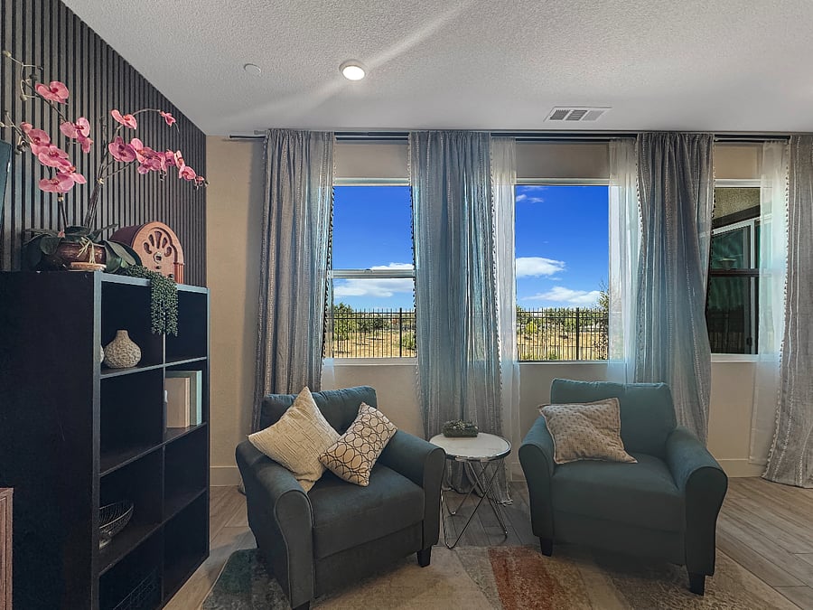 Living room featuring a grand view of the park. Furnished with extra deep couch, four comfortable sofa chairs, extra large 75" tv and tall task chair at a beautiful wood table top task area above Ikea cabinets.