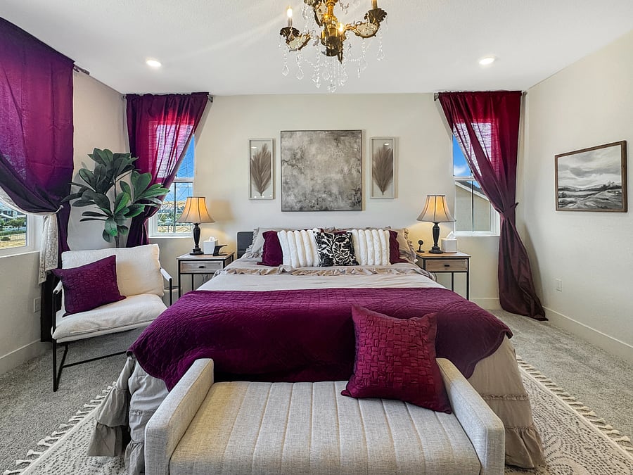 "Red Room" 
The luxurious master suite of Grande Majano! Featuring a view of the park from a grand window, king size luxury mattress, vanity, smart tv, and huge master bathroom and walk-in closet.