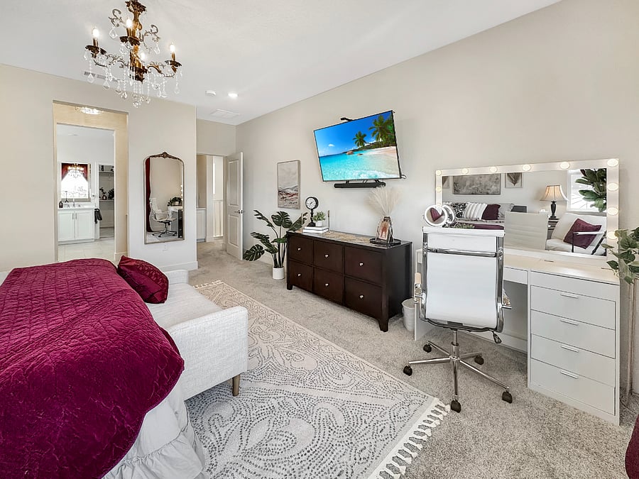 "Red Room" 
The luxurious master suite of Grande Majano! Featuring a view of the park from a grand window, king size luxury mattress, vanity, smart tv, and huge master bathroom and walk-in closet.