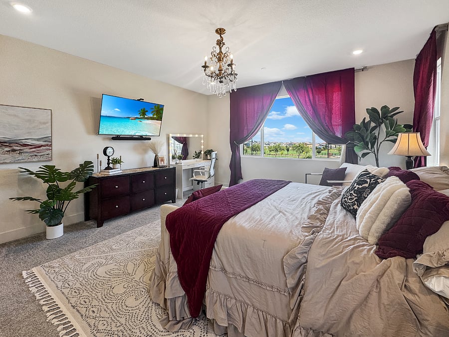 "Red Room" 
The luxurious master suite of Grande Majano! Featuring a view of the park from a grand window, king size luxury mattress, vanity, smart tv, and huge master bathroom and walk-in closet.