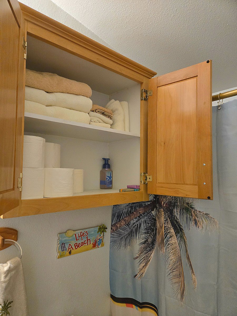 New towels are provided along with basic toiletries