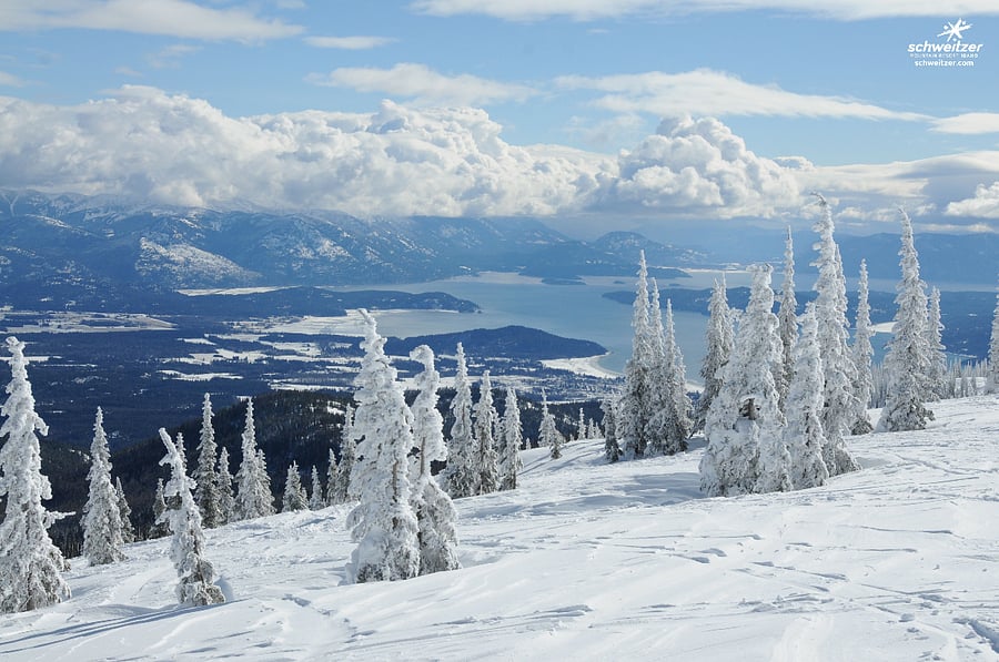 Schweitzer Mountain Ski Resort in the winter looking down at Lake Pend Oreille