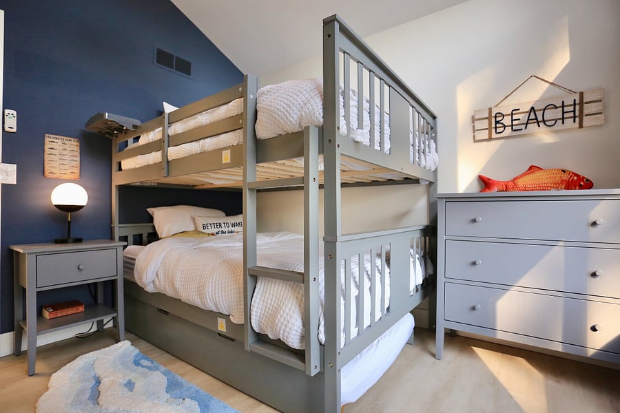 3rd bedroom offers full over full bunk beds with a pull-out twin trundle bed