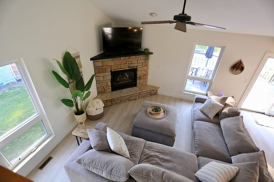 Stair landing overlooks lower level