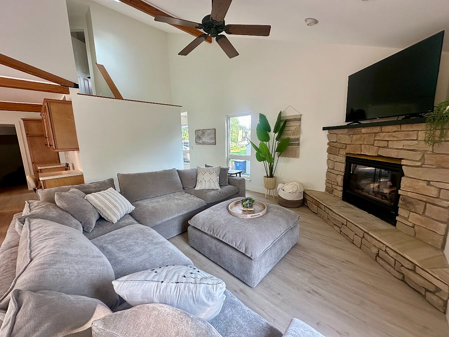 Gas stone fireplace and 58" Smart TV