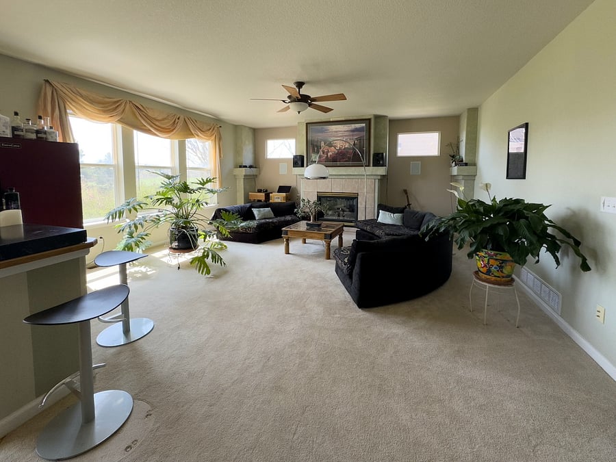 Main floor living room with a gas fireplace and southern exposure.