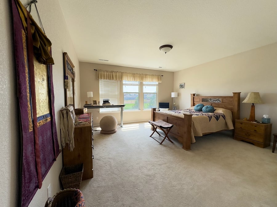 Second bedroom, second floor, has queen bed and electric standing desk and double sized closet.