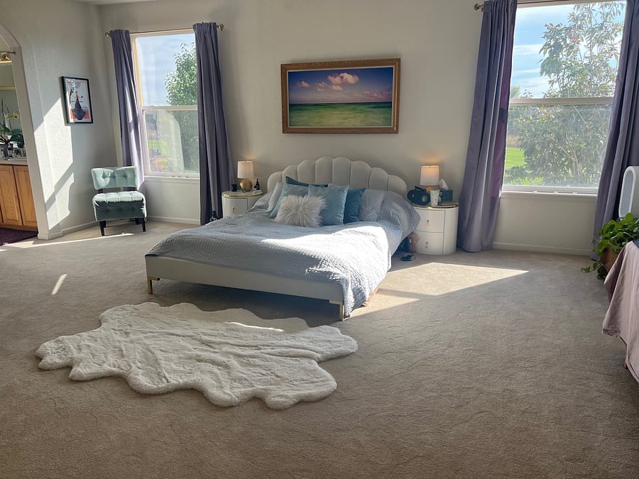 The expansive primary bedroom has Southern exposure with blackout curtains, a chaise lounge and tantra chair.