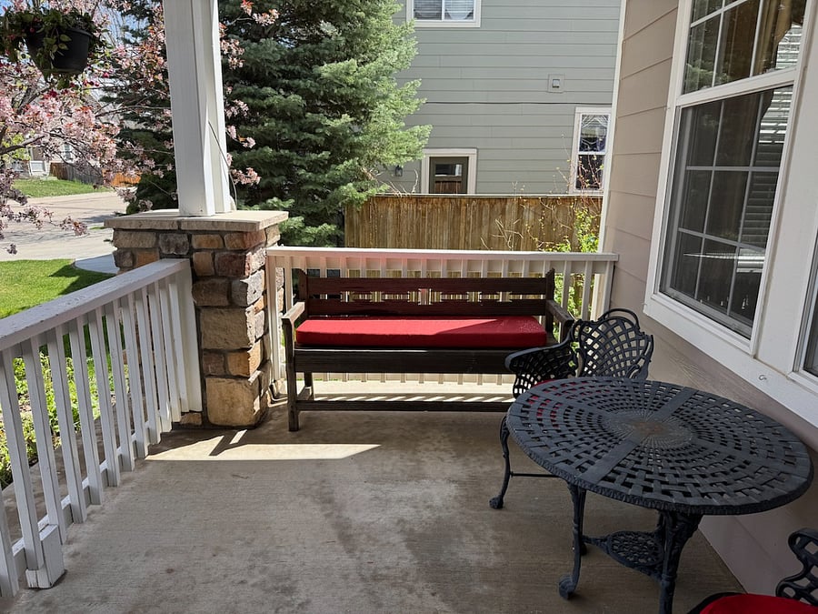 Sitting area at entrance for morning coffee.
