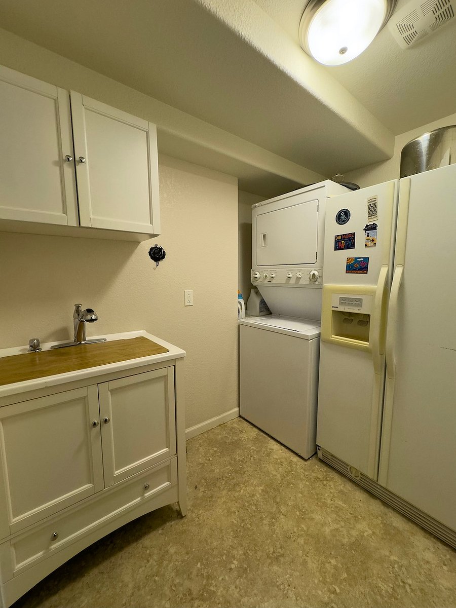 Basement laundry, full fridge and sink.
