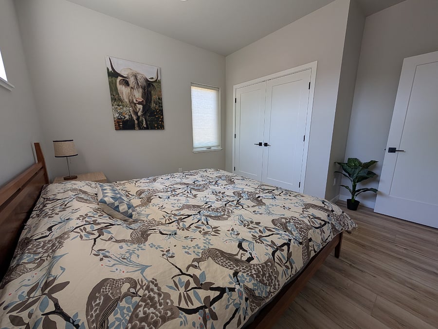 Bedroom 1: King size bed with dresser and large closet.
