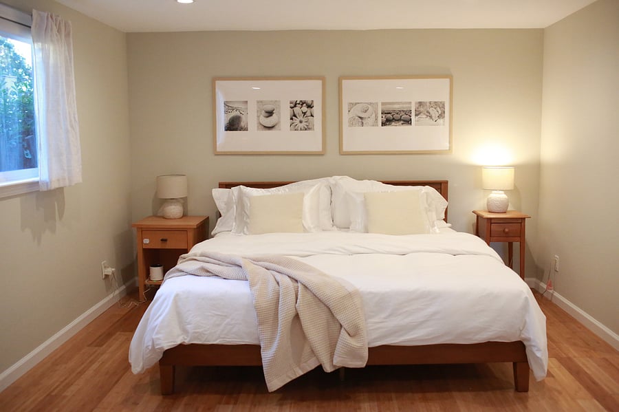Bright and Light downstairs bedroom with King bed and walk-in closet