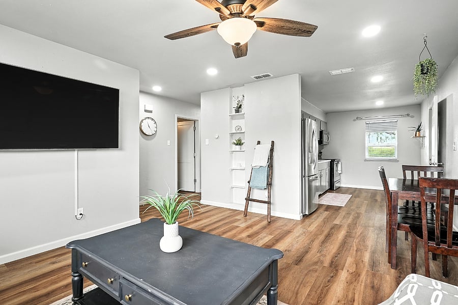 Kitchen and dining areas from living area angle