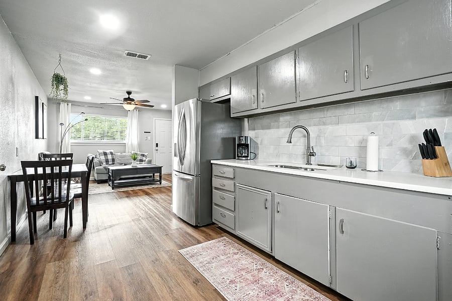 Kitchen, dining and living areas