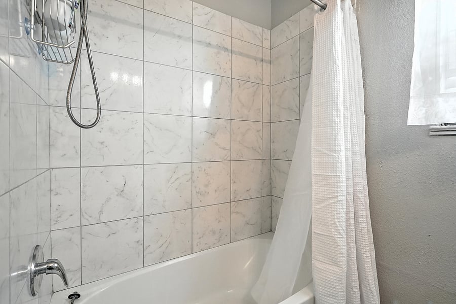 Pristine ceramic tile and upgraded shower head with tub