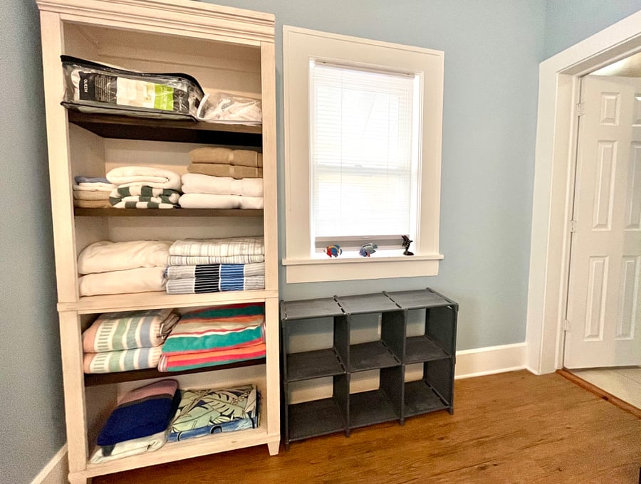 Bedroom 2 also includes shelves for clothes and personal belongings, bedding, towels.
