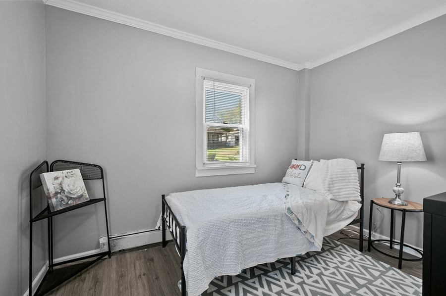 Twin bedroom located on first floor (no stairs) and lamp on nightstand