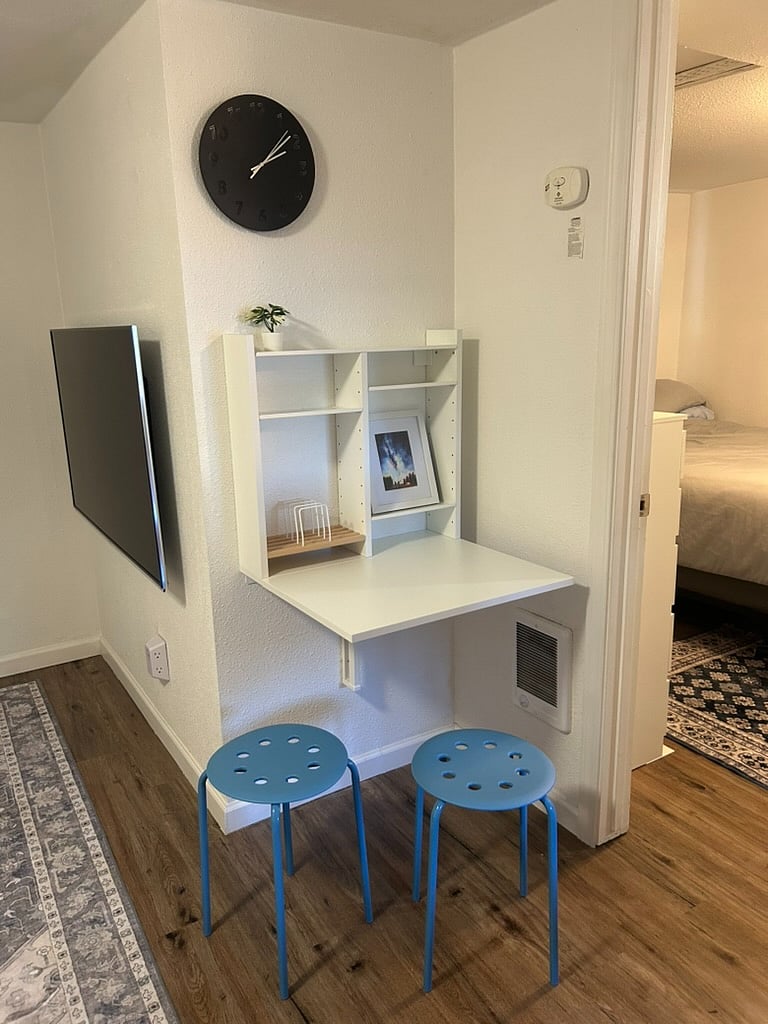 Small table flips up for workspace or eating