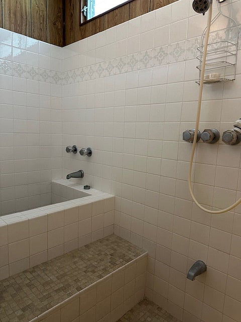 Walk-in shower with a traditional Japanese soaking tub (furo)--a unique and calming space to relax and recharge.