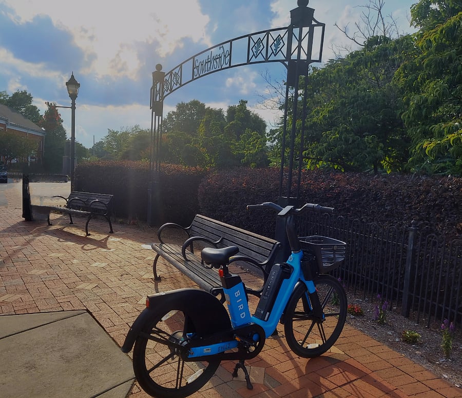 Southside neighborhood's sign--there are electric bikes and scooters all through downtown
