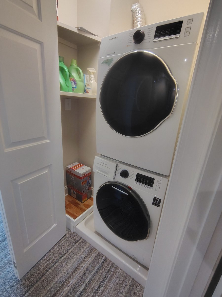 SHARED--stacked washer and dryer with complimentary laundry supplies provided for your convenience. The washer and dryer are conveniently located just outside each bedroom