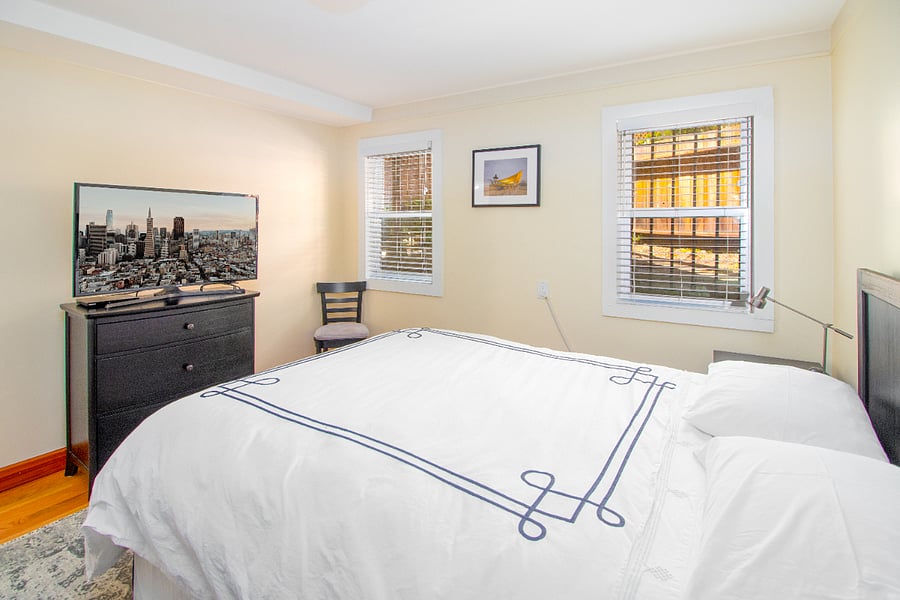 Two can sleep in the bedroom. Bedroom has a door for privacy from living room.