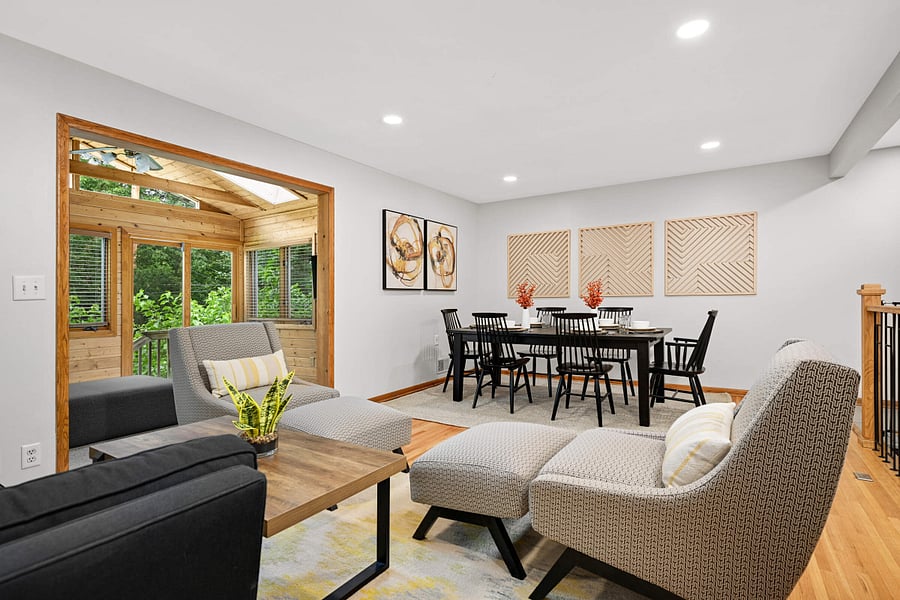 Open concept Living Room, Dining Area and 4-season porch