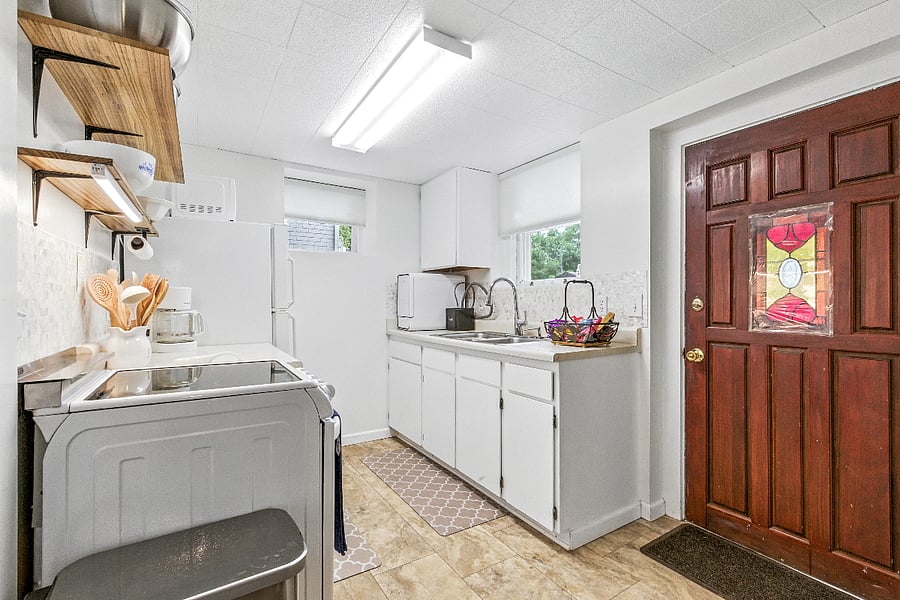 View of kitchen from living/dining room