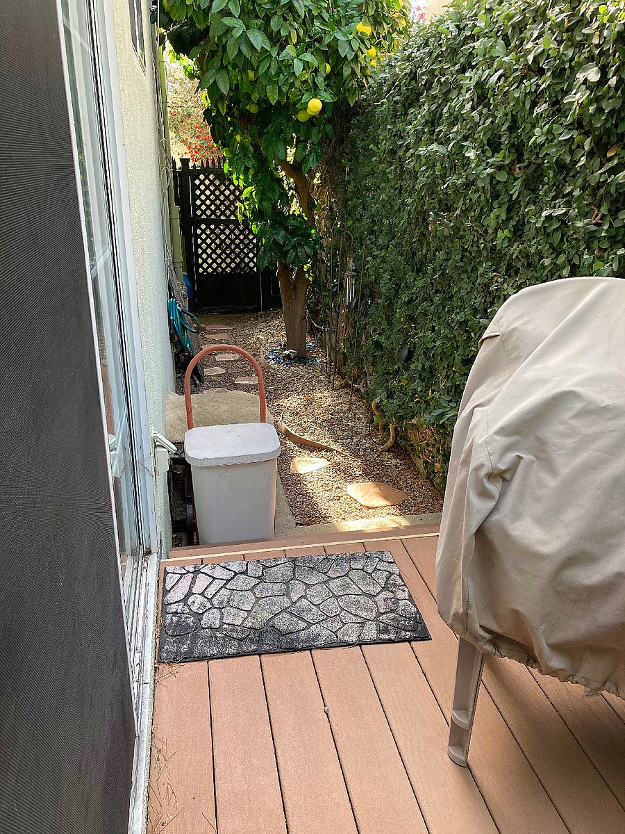 Sideyard deck w/ grapefruit tree & path to patio, free laundry room & roof deck.