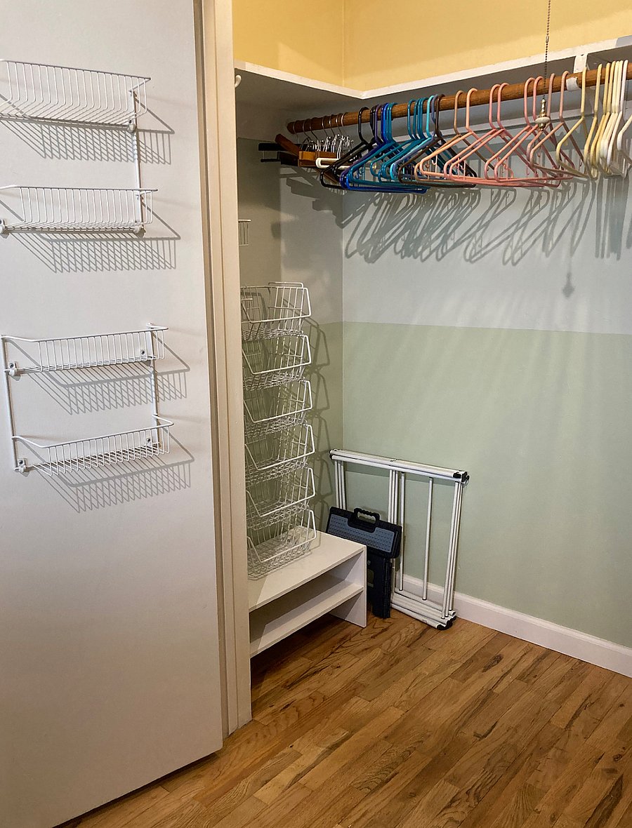 Closet left: shoe shelf, wire baskets & shelves, drying rack, folding stepstool.
