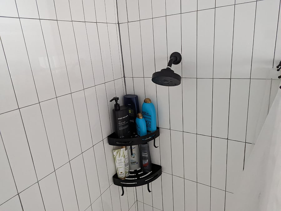 Shower caddy, stocked with all basics.