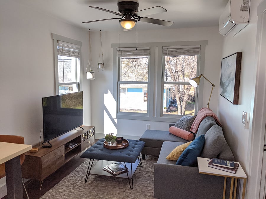Plenty of natural light!
Space has two ductless heating/cooling units, one in the living room, the other in the bedroom. Fans in both rooms, as well.