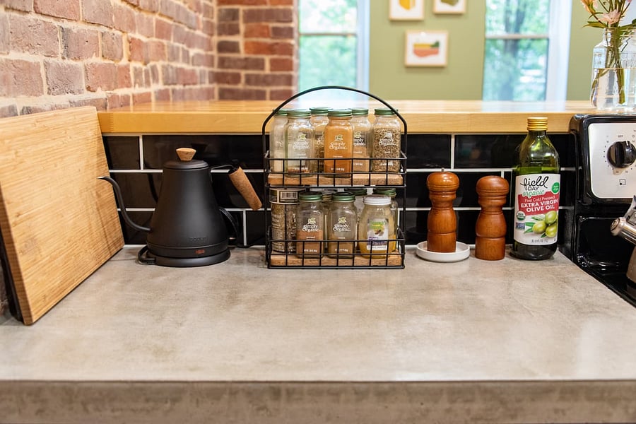 Some provided amenities - spices, kettle, and olive oil for cooking