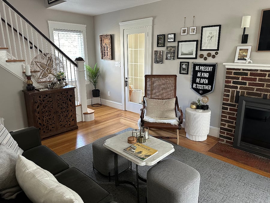 Living Room, with views of Front Door and Stairs.