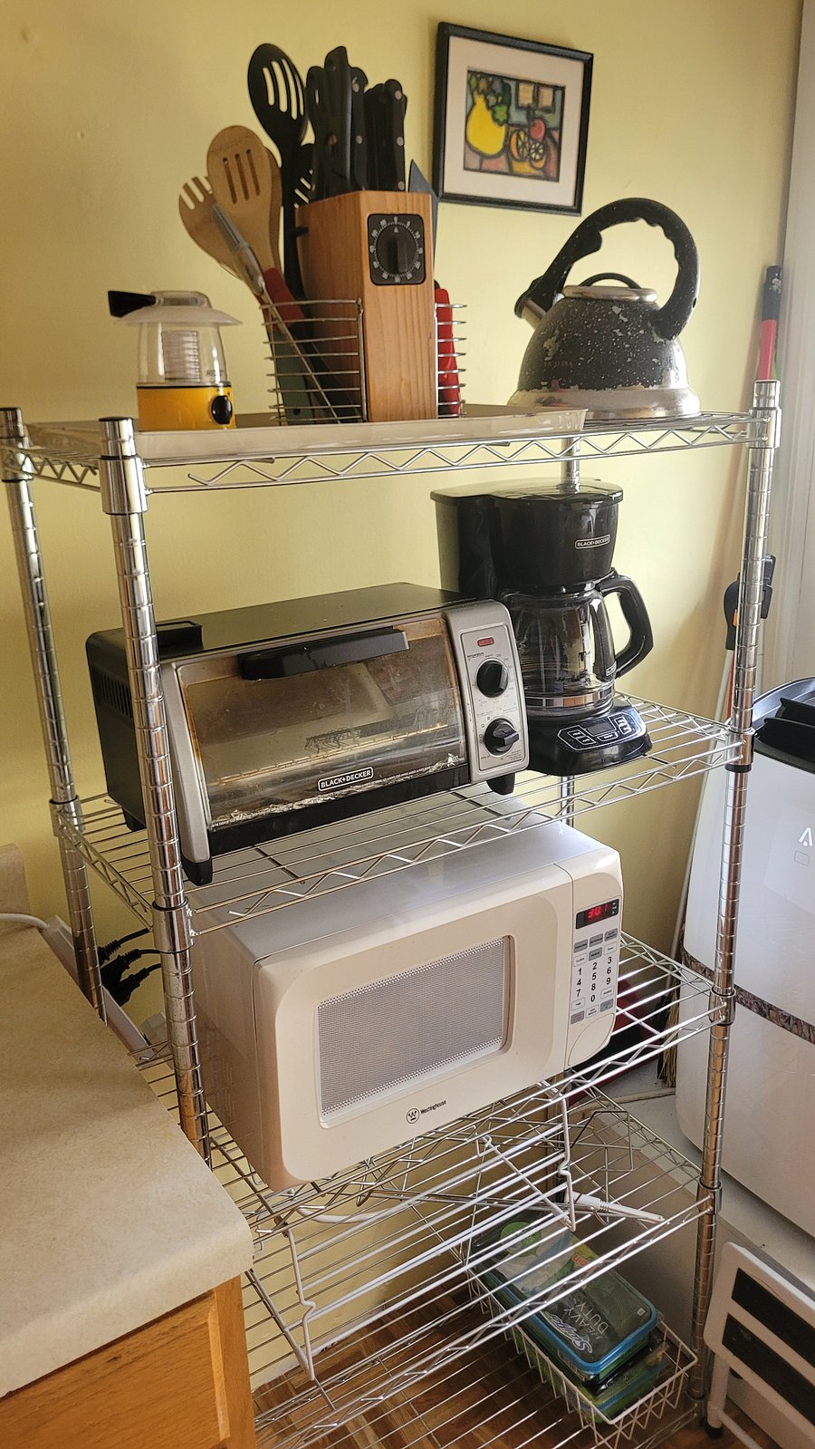 Toaster oven, coffee maker, microwave