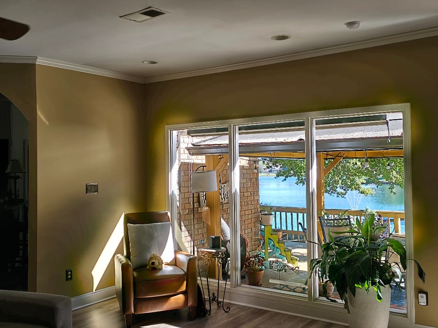 This view shows the lake and our coved area that we use to have dinner or work from the deck. Wi-Fi works good there!