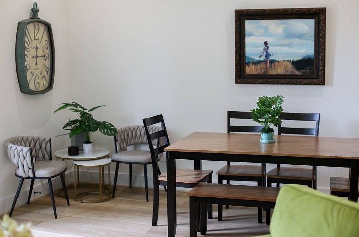 Dining table for six. Also, four barstools at the kitchen counter, and a table for four outside on the patio!