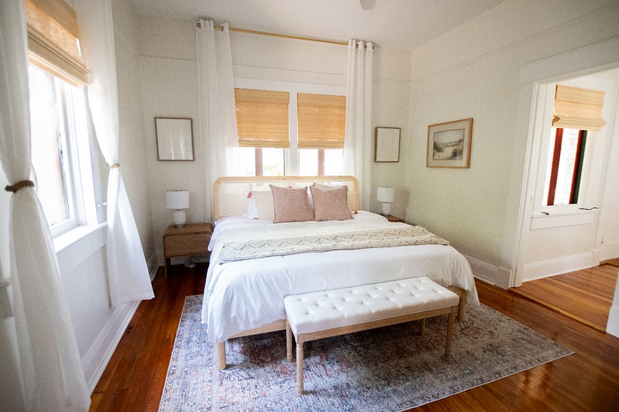 Bedroom 2 with king bed and TV with YouTube, shares a Jack-and-Jill bathroom with bedroom 3
