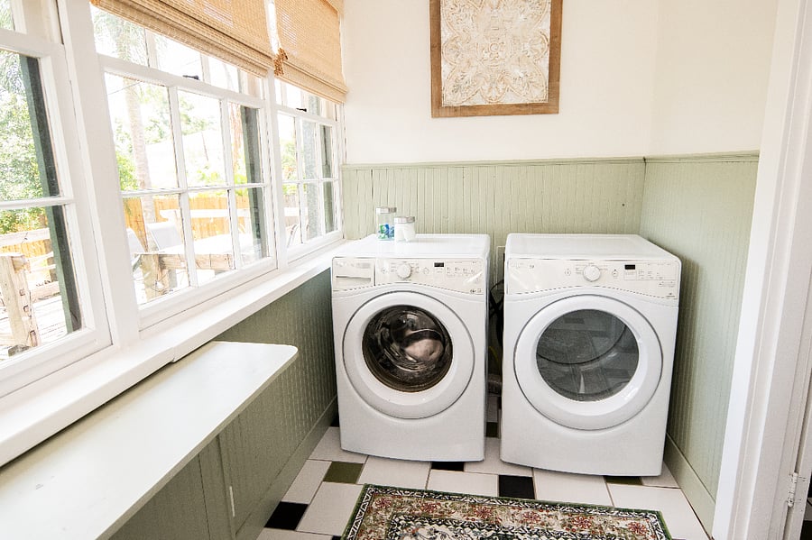 Washer and dryer provided as well and basic starter supplies