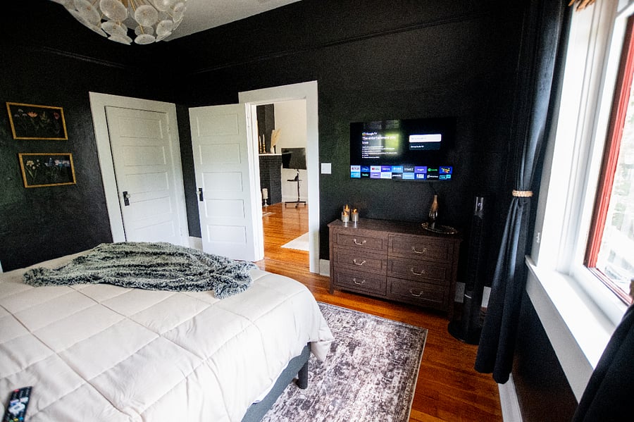 Bedroom 3 with king bed and TV with YouTube, shares a Jack-and-Jill bathroom with bedroom 2