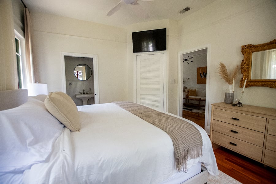 Master bedroom is an ensuite with its own bathroom, king bed, and TV with YouTube.