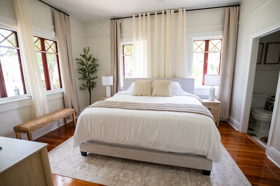 Master bedroom is an ensuite with its own bathroom, king bed, and TV with YouTube.