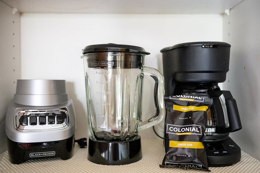 Coffee maker and coffee, blender, and multiple baking supplies
