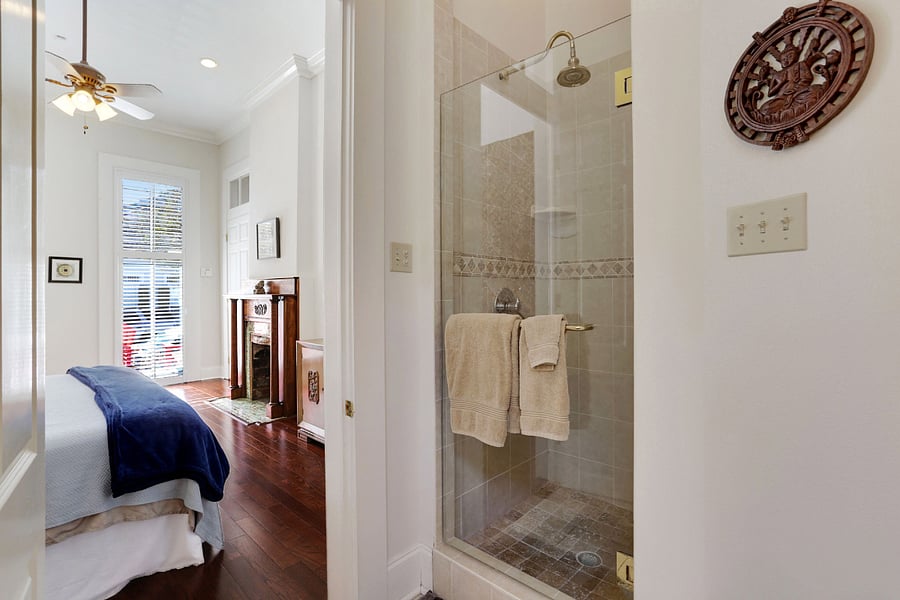 view from full bath into bedroom