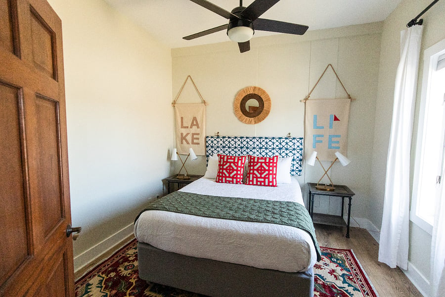 Bedroom 1 has a queen bed and is located on the main level off of the living room.