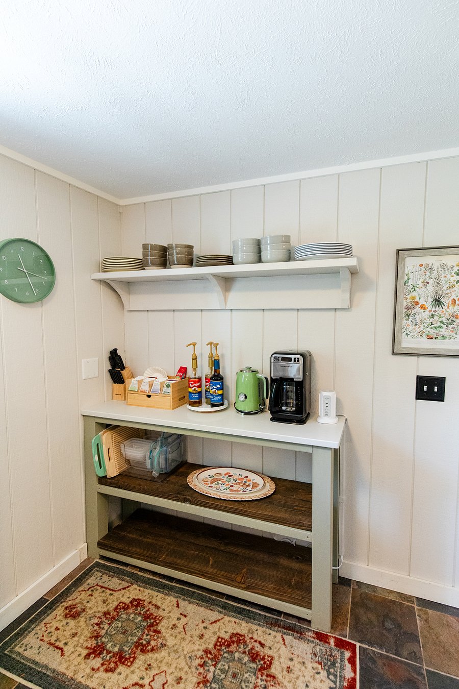 The beverage station includes a 12-cup drip coffee maker, and an electric tea kettle. (Coffee/tea products are provided for STR guests).