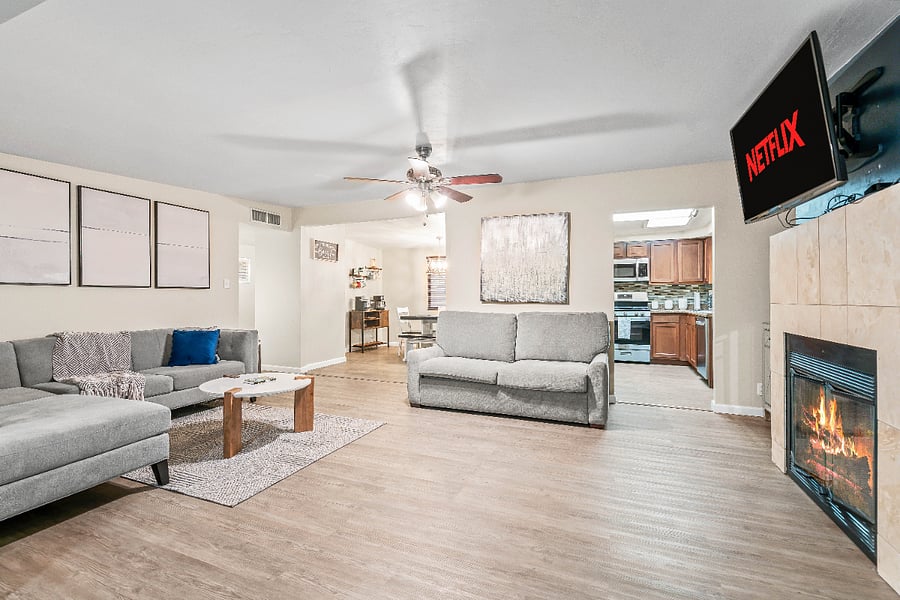 Living room includes a sleeper sofa for added guest space.