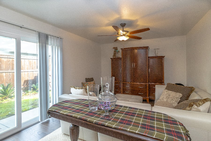 Extra sitting area. Smart TV in Armoire.
Side table folds to serve as an additional dining table if needed. The side bench is also helpful for additional dine or conversational seating
