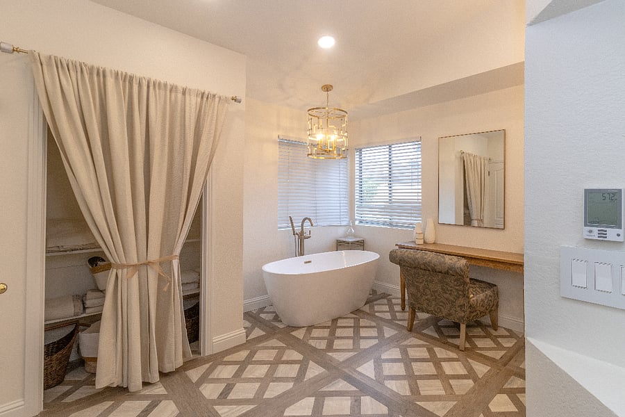 Presidential Bathroom:
Heated floors
Marble shower
Plenty of Room for 2 adults to get ready at the same time and still have privacy.
Watercloset Toilet separate.