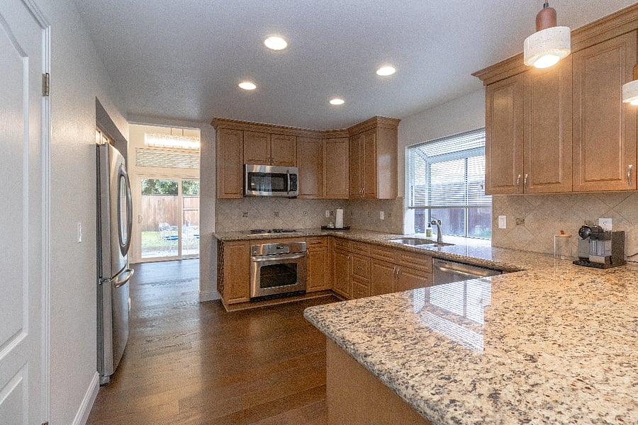 Kitchen has a large amount cabinet space. We like to keep the counter with very few items so that you choose what you want on the counter.